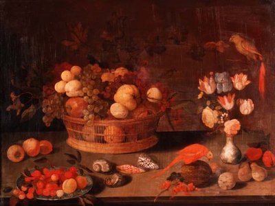 Een Stilleven van Perziken, Appels en Druiven in een Mand, Bloemen in een Chinese Vaas en Twee Papegaaien op een Tafel door Balthasar van der(follower of) Ast