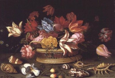 Een Mand met Bloemen en Schelpen op een Richel door Balthasar van der Ast