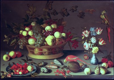 Een Mand met Druiven en ander Fruit door Balthasar van der Ast