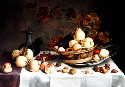 Een Stilleven van Kweeperen in een Mand, ander Fruit en Objecten door Balthasar van der Ast
