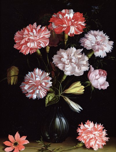 Bloemenstudie: Anjers in een vaas door Balthasar van der Ast