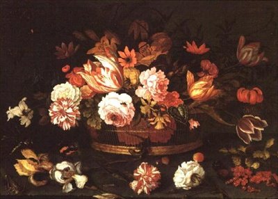 Rozen, Tulpen in een mand door Balthasar van der Ast