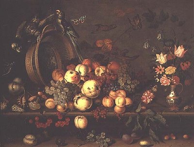 Stilleven met fruit, bloemen en papegaaien, vroege jaren 1620 door Balthasar van der Ast