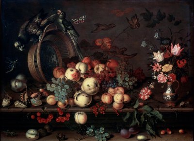 Stilleven met fruit, bloemen en papegaaien, 1620s door Balthasar van der Ast
