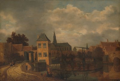 Gezicht op de stad Haarlem, genomen vanaf de rivier de Spaarne, met de Eendjespoort door Balthasar van der Veen