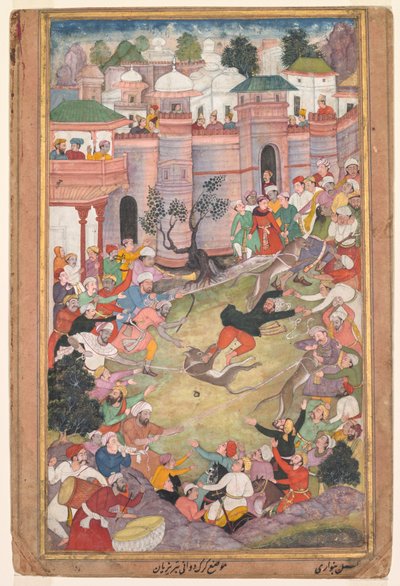 Het spel van wolfrennen in Tabriz, uit een Akbar-nama (Boek van Akbar) door Banavari 1