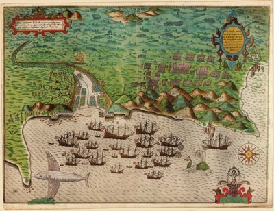 Verovering van Santiago in Kaapverdië, 1585 door Baptista Boazio