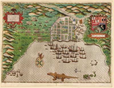 Verovering van de Spaanse nederzetting Santo Domingo in Hispaniola door Baptista Boazio