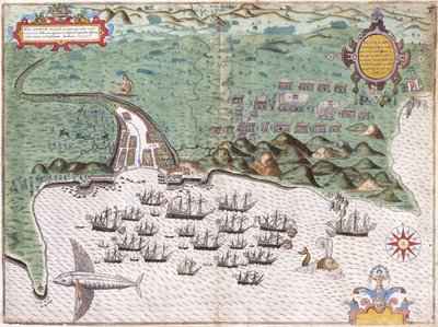 Aanvalsplan van Santiago, Kaapverdische Eilanden, met de aanval van Sir Francis Drake op het Spaanse fort op 17 november 1585, ca. 1588-9 door Baptista Boazio
