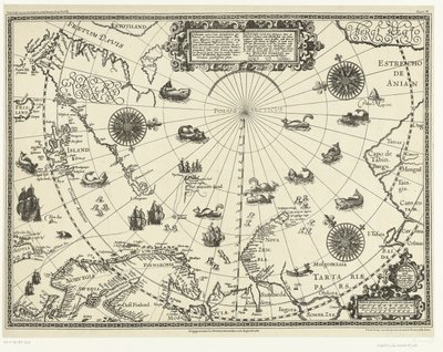 Kaart van de landen rond de Noordpoolcirkel met de drie reizen van de Nederlanders in 1598 door Baptista van (after) Doetechum