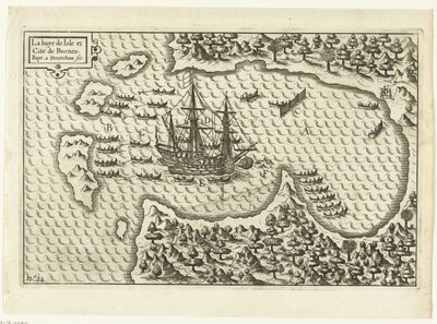 Aankomst op Borneo, 1600 La baye de Isle et Cite de Borneo (titel op voorwerp), RP-P-OB-75.411 door Baptista van Doetechum