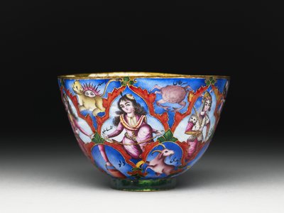 Kom met deksel, schotel en lepel met astrologische decoratie, begin 19e eeuw door Baqir