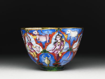 Kom met deksel, schotel en lepel met astrologische decoratie, begin 19e eeuw door Baqir