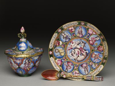 Kom met deksel, schotel en lepel met astrologische decoratie, begin 19e eeuw door Baqir