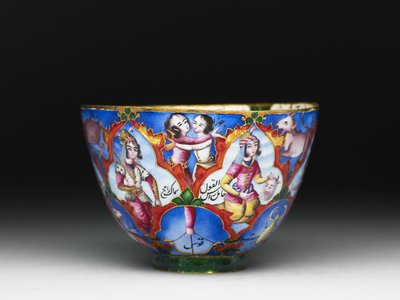 Kom met deksel, schotel en lepel met astrologische decoratie, begin 19e eeuw door Baqir