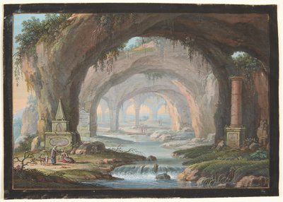 Landschap met Doorbroken Grotten, Grafmonumenten, een Rivier en Figuren door Barbara Dietzsch
