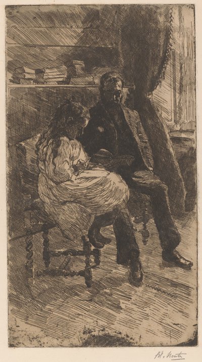 Interieur met een man en een meisje die samen een boek lezen door Barbara Elisabeth van Houten (signed by artist)