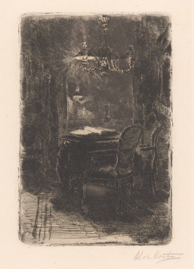 Interieur met spiegel en tafel met opengeslagen boek door Barbara Elisabeth van Houten (signed by artist)