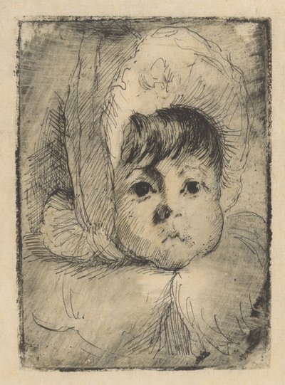 Portret van Elizabeth Mouton als kind met kap op het hoofd door Barbara Elisabeth van Houten