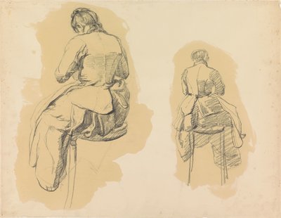 Twee studies van een vrouw, zittend op een kruk, op de rug gezien door Barbara Elisabeth van Houten