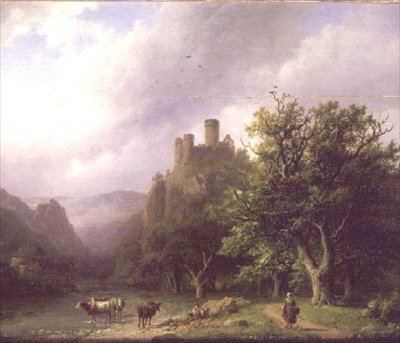 Een rivierlandschap met een vervallen kasteel door Barend Cornelis Koekkoek