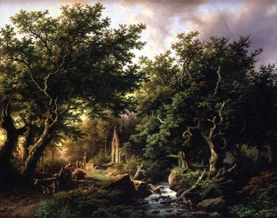Een bosrijk landschap met een kapel door Barend Cornelis Koekkoek