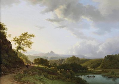 Een panoramisch zomerlandschap met reizigers en een kasteelruïne in de verte door Barend Cornelis Koekkoek