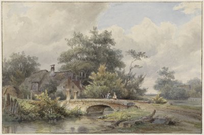 Landschap met stenen brug bij een huis door Barend Cornelis Koekkoek