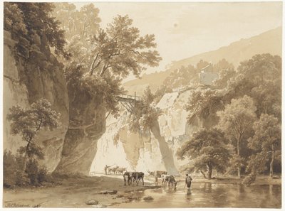 Rotsachtig landschap met drinkende koeien door Barend Cornelis Koekkoek