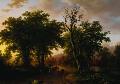 Reizigers op een pad bij zonsondergang door Barend Cornelis Koekkoek