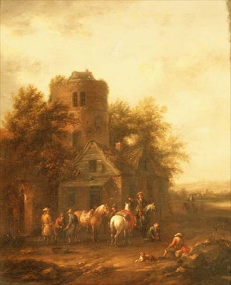 Ruiters die hun Paarden Water Geven Buiten een Herberg door Barend Gael or Gaal