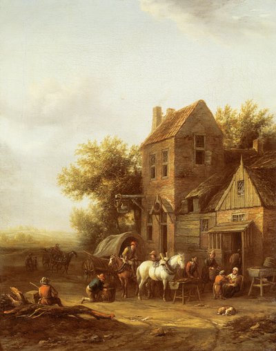 Reizigers die hun paarden water geven buiten een herberg door Barend Gael or Gaal