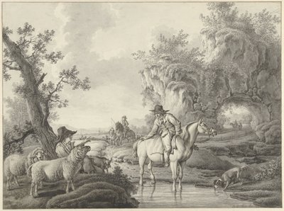 Landschap met een schaapherder en een ruiter bij een poel door Barend Hendrik Thier