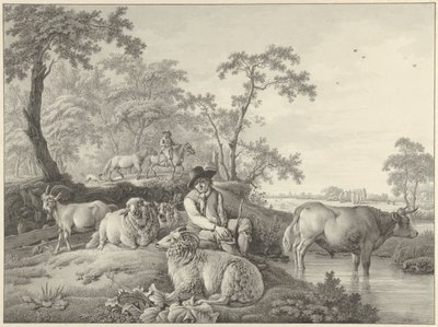 Schaapherder met schapen, een geit en een jonge stier in een landschap door Barend Hendrik Thier