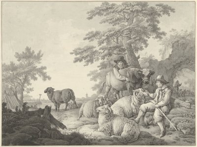 Schaapherder met schapen en een jongen met een jonge stier in een landschap door Barend Hendrik Thier