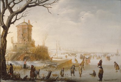 Een Winterscène met Figuren op het IJs door Barent Avercamp