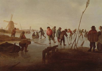Figuren schaatsen op Bevroren Waterweg, 17e eeuw door Barent Avercamp
