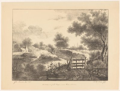 Landschap met huizen, beek en pad door Barentie Willem Dietz