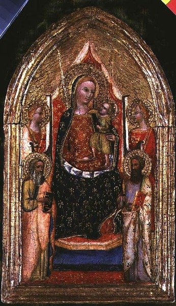 Madonna en kind op de troon met St. Bartholomeus en andere heiligen door Bargello Master