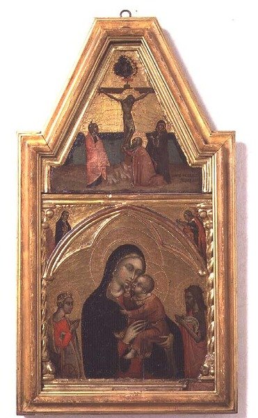 Madonna en kind met St. Johannes de Doper en St. Catherine, met kruisigingsscène boven door Barnaba da Modena