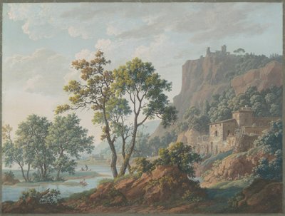 Rivierlandschap met kastelen en vissers door Baron Louis Albert Guillain Bacler d