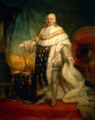 Portret van Lodewijk XVIII van Frankrijk met de kroningsmantel door Baron Pierre Narcisse Guerin