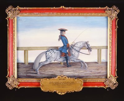Nr. 29 Een schimmel van de Spaanse Rijschool dat een dressuurbeweging uitvoert door Baron Reis Eisenberg