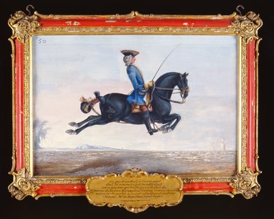 Nr. 50 Een gitzwart paard genaamd Curioso dat een dressuurbeweging genaamd de Capriole uitvoert door Baron Reis Eisenberg