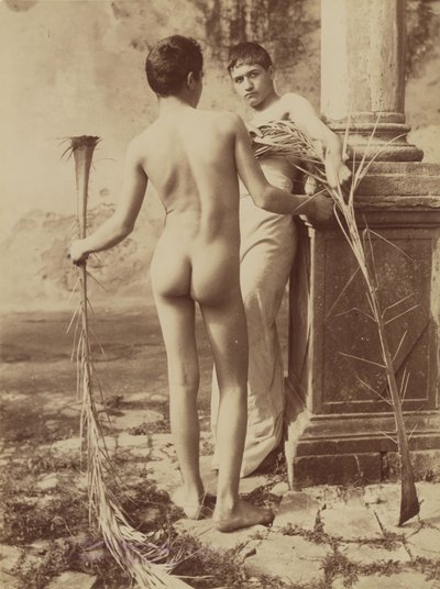 Zonder titel [Twee mannelijke jongeren die palmbladeren vasthouden]. door Baron Wilhelm von Gloeden