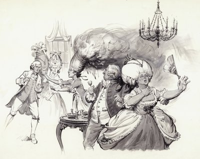Brandende pruiken (gouache op papier) door Barrie Linklater