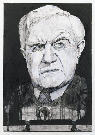 Portret van Andrew Cruickshank, illustratie voor The Sunday Times door Barry Fantoni
