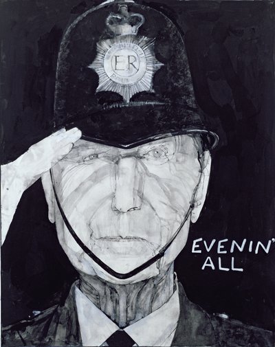 Portret van Jack Warner als Dixon of Dock Green, illustratie voor The Listener, 1970s door Barry Fantoni