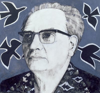 Portret van Olivier Messiaen, illustratie voor The Sunday Times, 1970s door Barry Fantoni