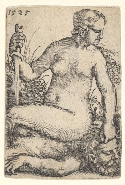 Judith, naar rechts kijkend, naakt zittend bovenop het dode lichaam van Holofernes door Barthel Beham